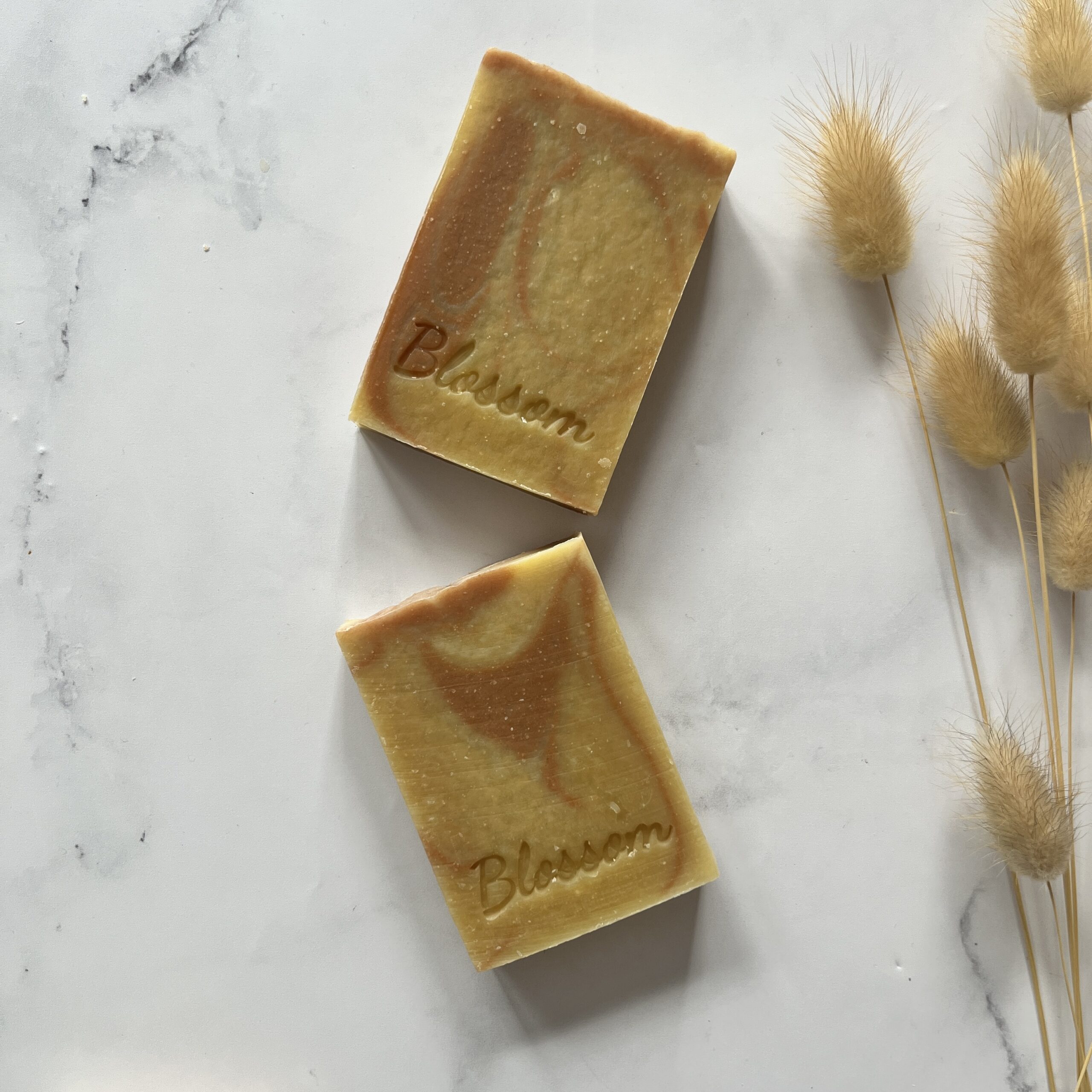 lot de savons solides artisanaux au lait de chèvre de couleur beige et rose fabriqués en Bretagne pour lutter contre les problèmes de peaux comme l'acné, le psoriasis et l'eczema
